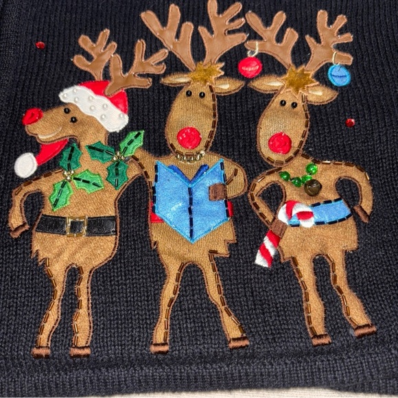 VTG TIARA INTERNATIONAL BlackCardigan  Reindeer Embroidery Full Zip Women’s SzXL - Picture 4 of 14